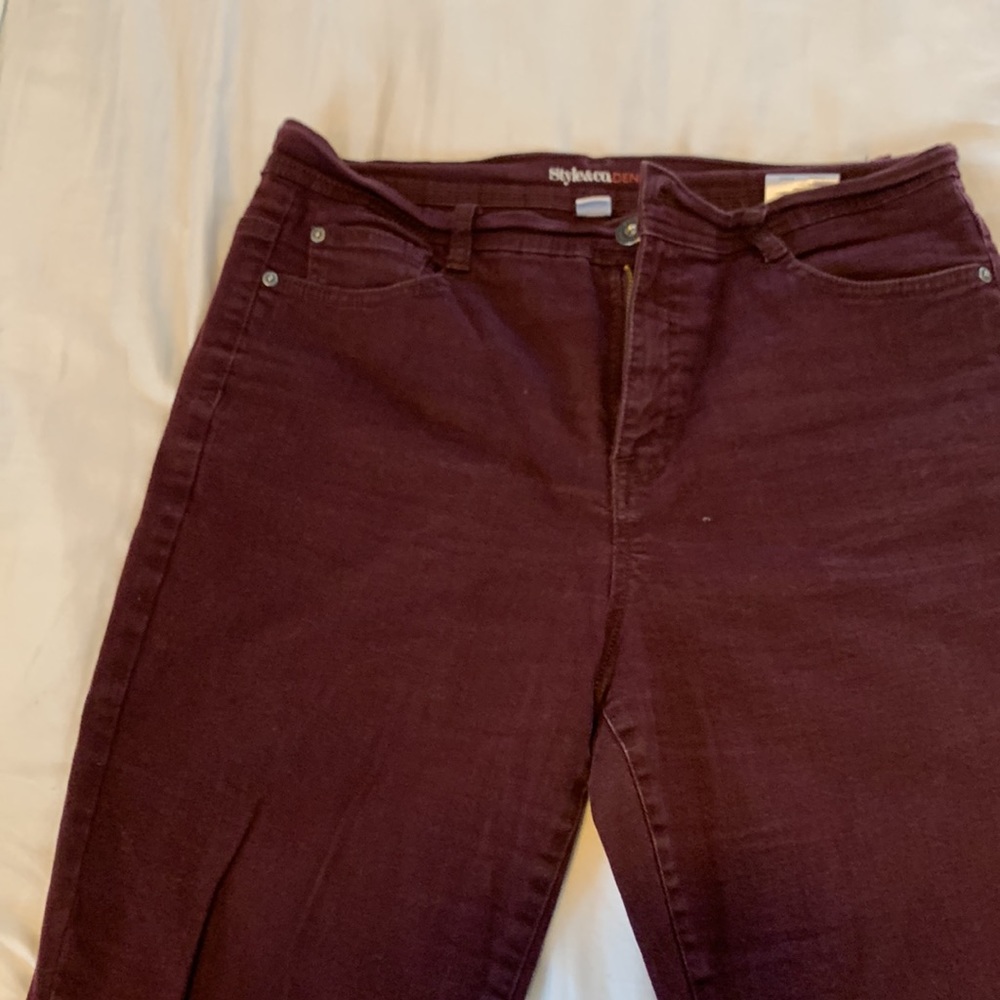 Jeans, $28 each, 1 -Dark Blue, 1 - burgundy, Style & Co. Size 12, tummy control.